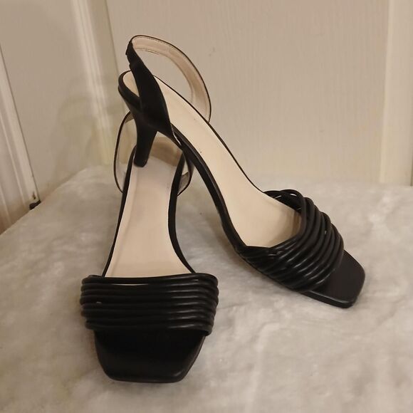 Haltson Shoes - Halston Hong Kong Black Sling Back Strappy Square Toe Kitten Heel Sandals 9